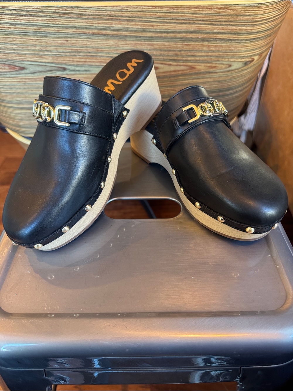 Sam Edelman Black Leather Slip-On Clogs with Gold Chain Accent - Picture 11 of 11